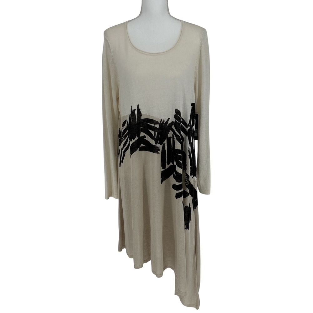 NIC+ZOE Linen Blend Abstract Brushstroke Asymmetrical Knit Tunic Tan Black L